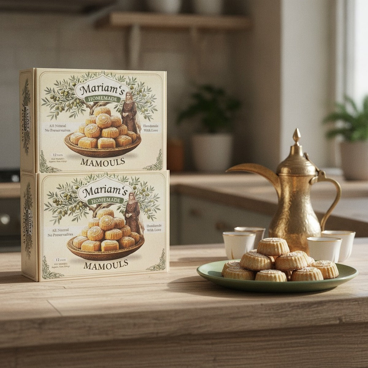 Mariam's Famous Mamoul 24ct — with Arabic coffee in the kitchen