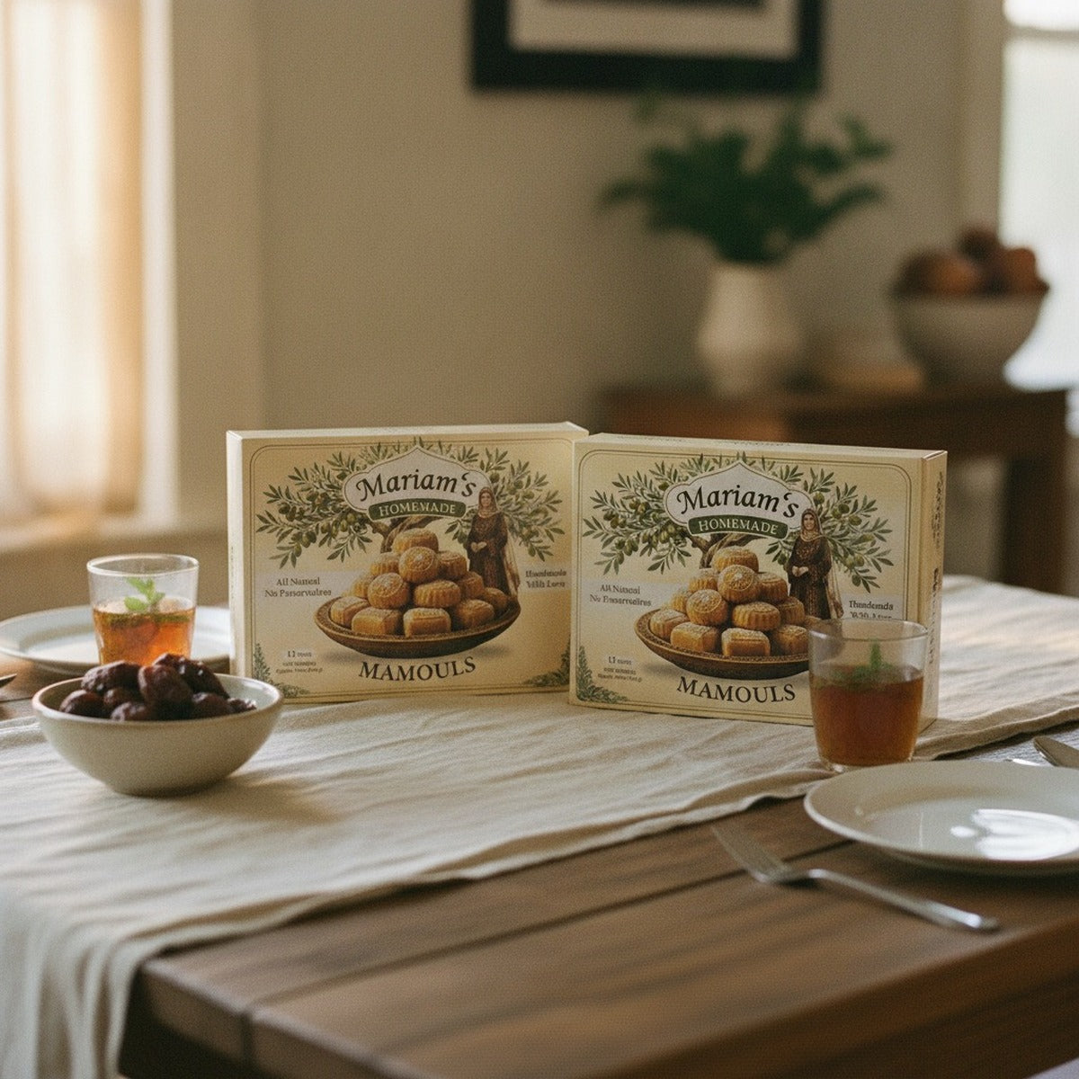 Mariam's Famous Mamoul 24ct — on the family table with dates and tea