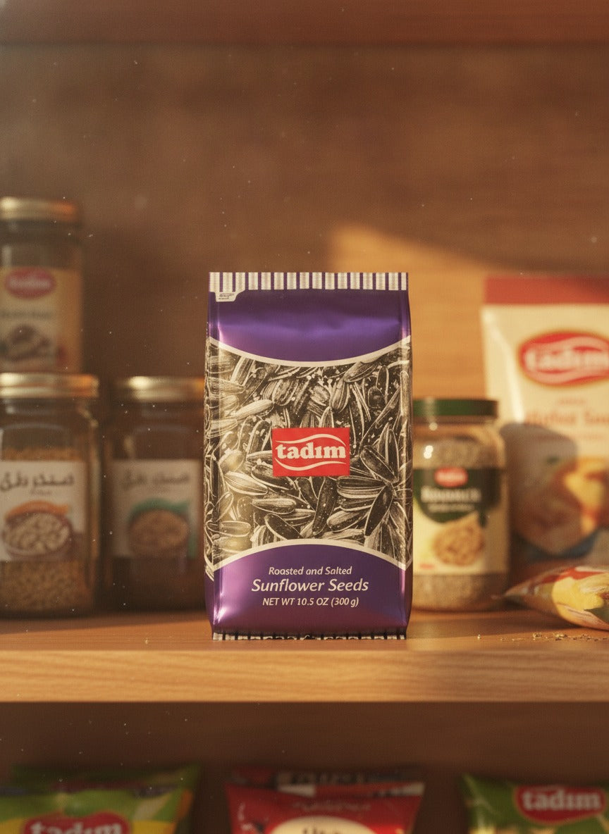Tadim sunflower seeds bag on a Middle Eastern grocery shelf