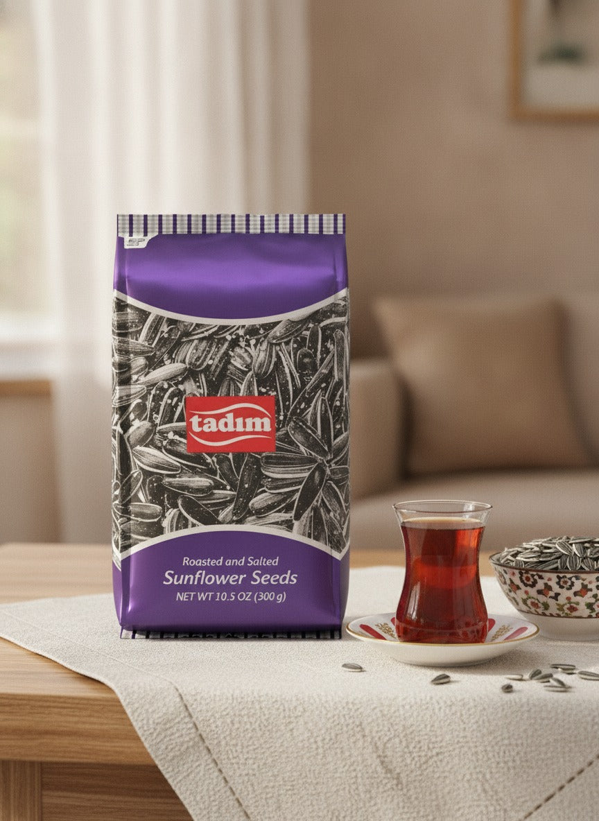 Tadim sunflower seeds with Turkish cay at the tea table