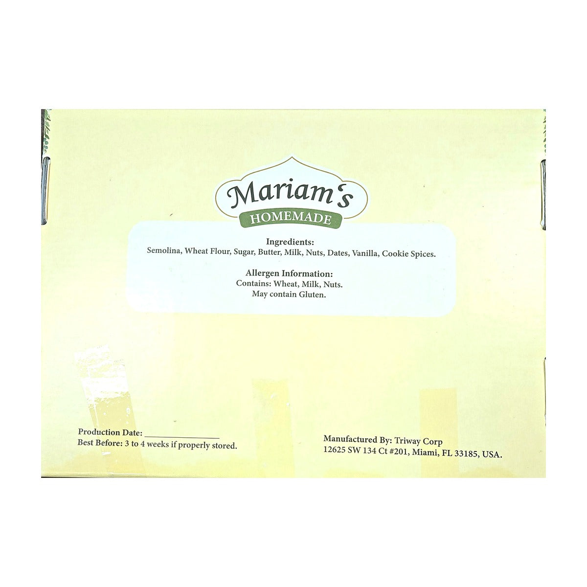 Mariam's Homemade Mamouls back panel — ingredients and allergen information