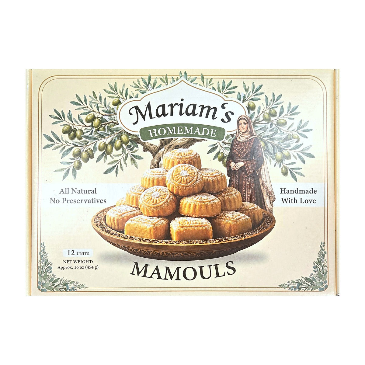 Mariam's Homemade Mamouls 12ct — cream box with olive branches