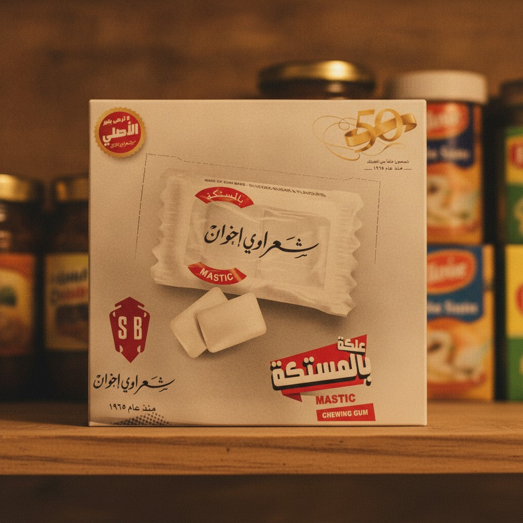 Sharawi mastic gum box on a grocery shelf